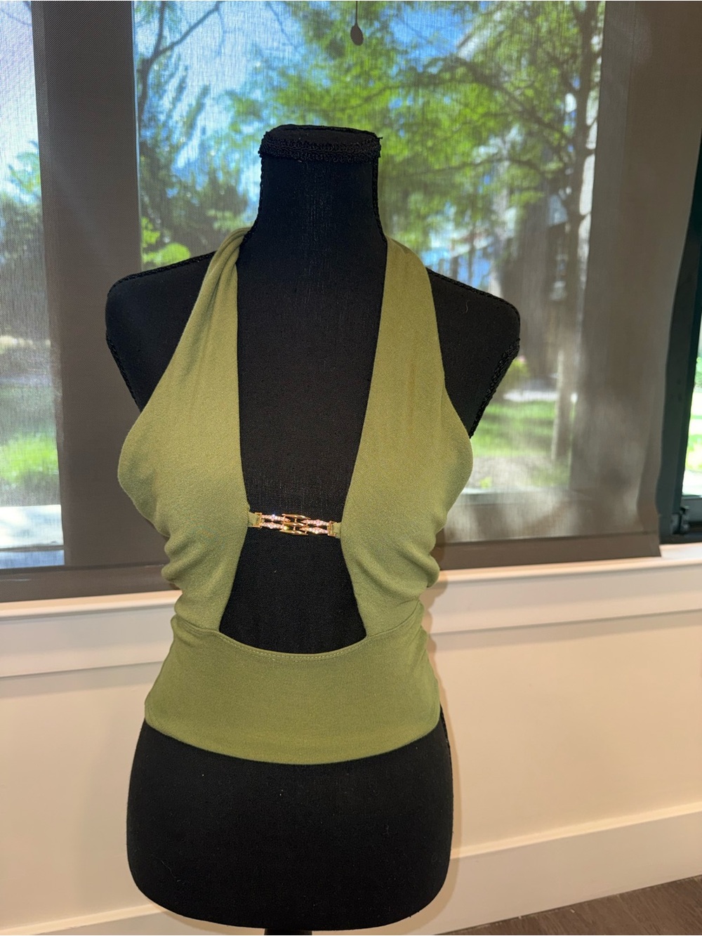 Fashion Nova Olive Halter Cutout Tank with Gold Accent